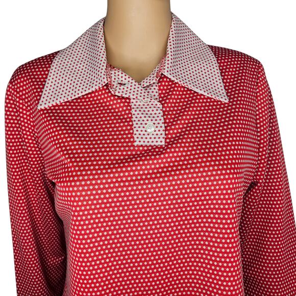 1970s Polka Dot Red White Color Block Pullover Long Sleeve Box Cut Top SZ Large - Picture 3 of 8